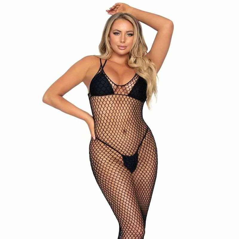 Abito Sexy Lungo Maxi Leg Avenue in Rete Intrecciata Taglia Unica Nero o Bianco