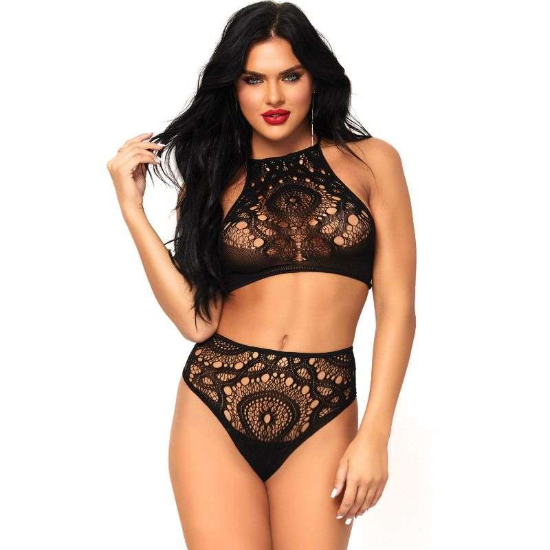 Completo Intimo Leg Avenue Set Due Pezzi con Top Ricamato Nero