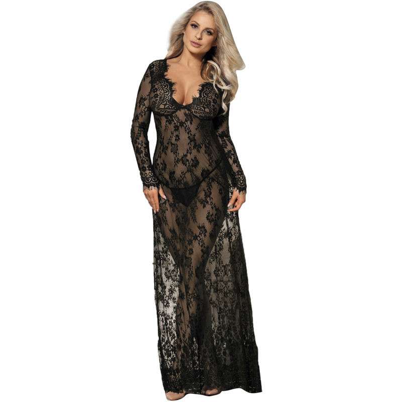 Abito Sexy Lungo con Manica Subblime Nero Trasparente con Ricami