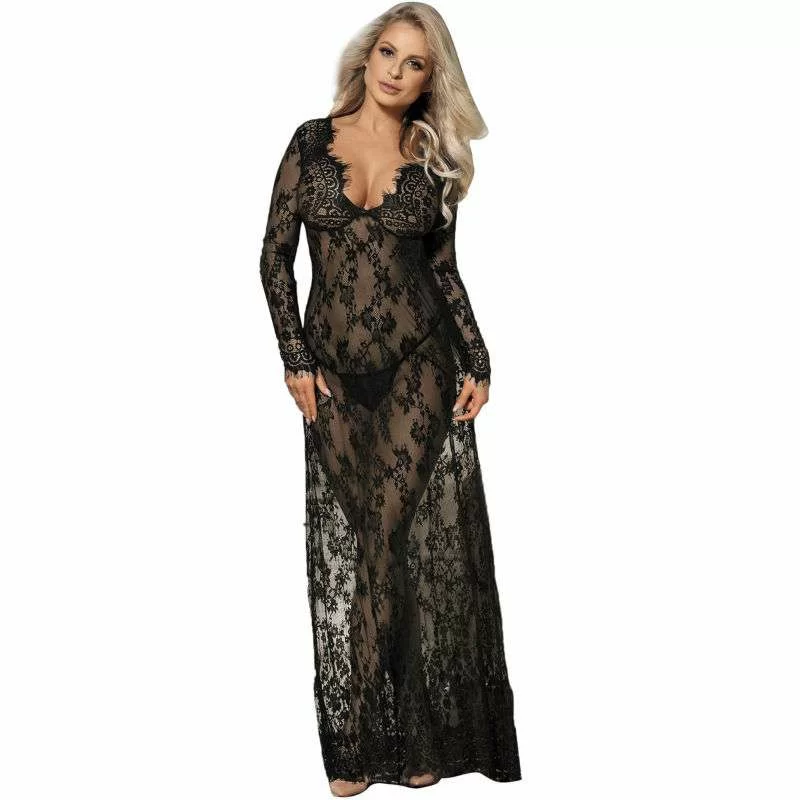 Abito Sexy Lungo con Manica Subblime Nero Trasparente con Ricami