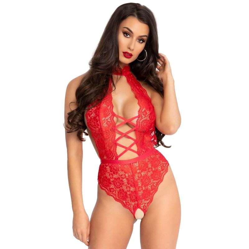 Body Sexy Rosso Leg Avenue Con Apertura e Bordi Floreali