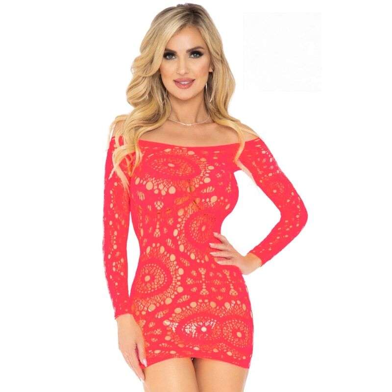 Abito Sexy Leg Avenue in Pizzo con Maniche Lunghe Corallo Taglia Unica 2