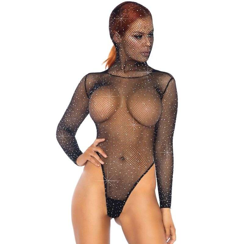 Body Sexy Leg Avenue Kink Teddy Net con Brillantini e Cappuccio Nero