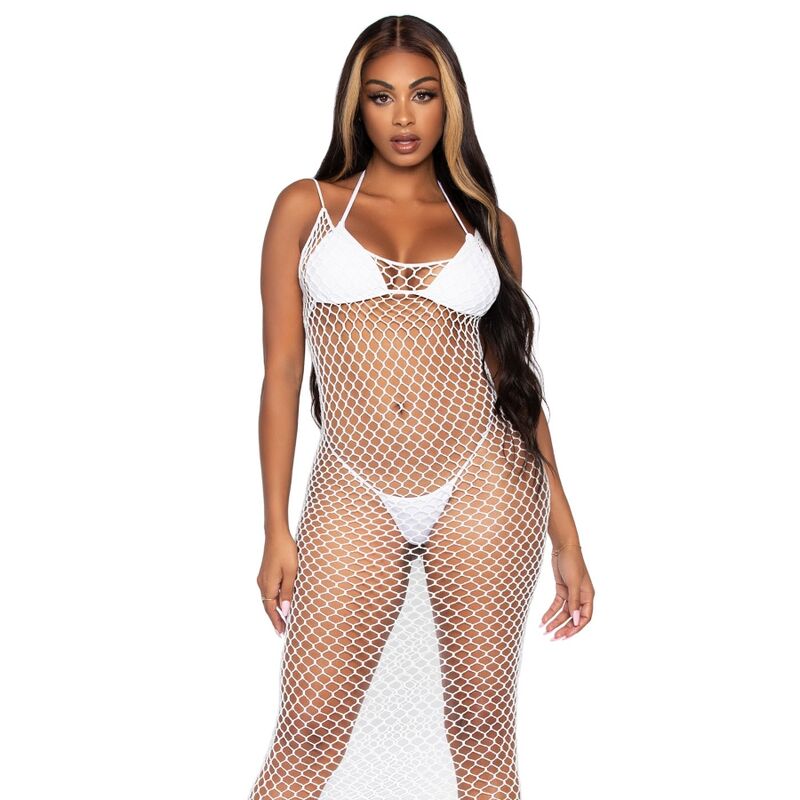 Abito Sexy Lungo Maxi Leg Avenue in Rete Intrecciata Taglia Unica Nero o Bianco 3