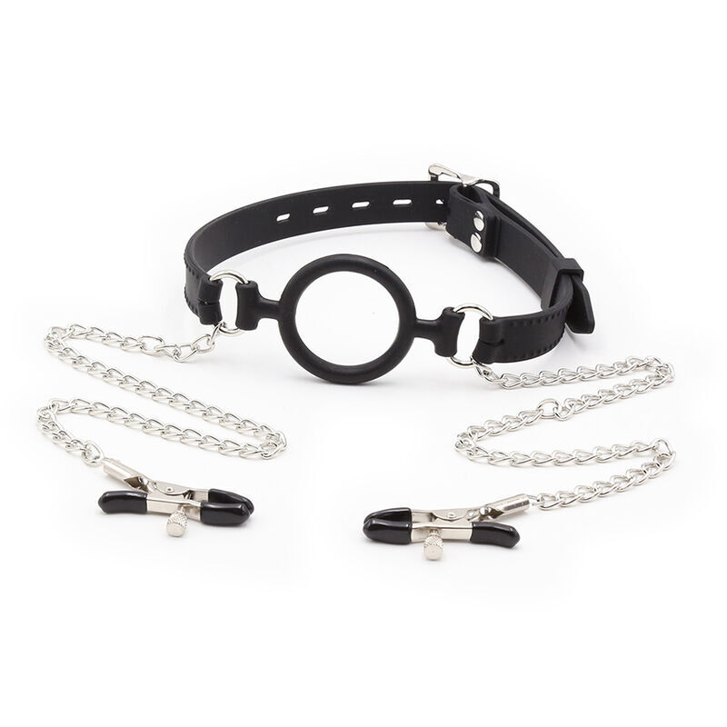 OHMAMA FETISH – Bavaglio ad anello con catenelle e pinze per capezzoli