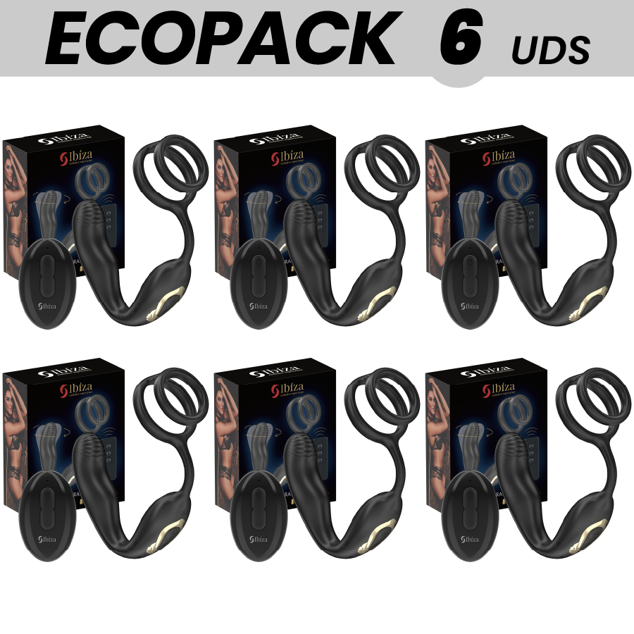ECOPACKS 6 UNITÀ – IBIZA WIGGLE TAPPO ANALE ROTANTE TELECOMANDATO CON VIBRAZIONE PERINEALE E ANELLI PER LESTENSIONE DEL PENE